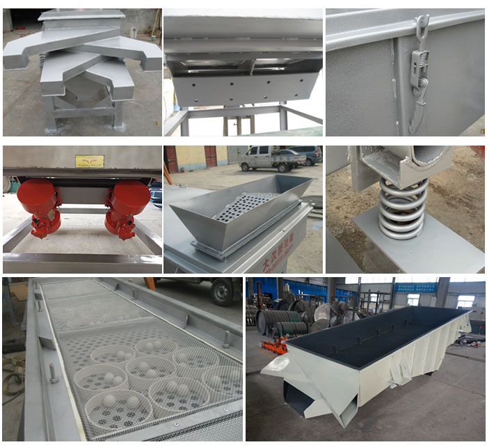 多層直線振動(dòng)篩由進(jìn)料口,底座,振動(dòng)電機(jī),篩網(wǎng),篩框,彈簧,出料口等組成。