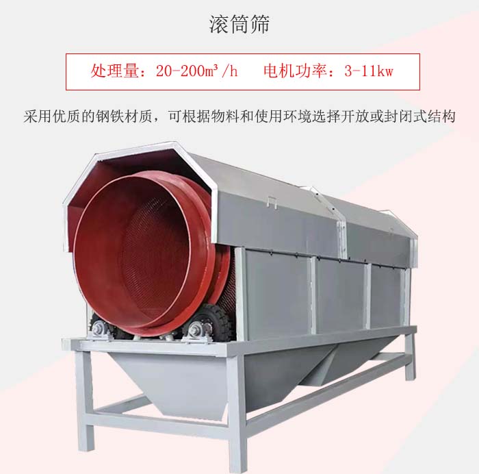 滾筒篩采用優(yōu)質(zhì)的鋼鐵材質(zhì)，可根據(jù)物料和使用環(huán)境選擇開放或封閉式結(jié)構(gòu)