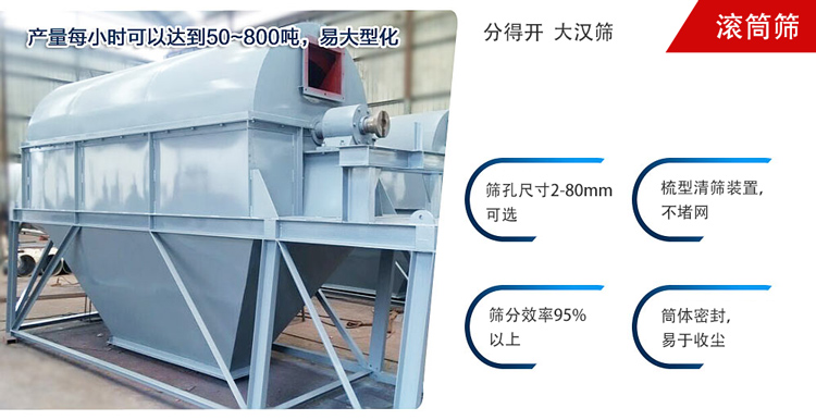 滾筒篩分開放式,封閉式兩種選擇無塵篩分。無軸滾筒：適用生活垃圾等一些有一定纏繞性物料;有軸滾筒：適用石料，砂土等含水量較少的物料