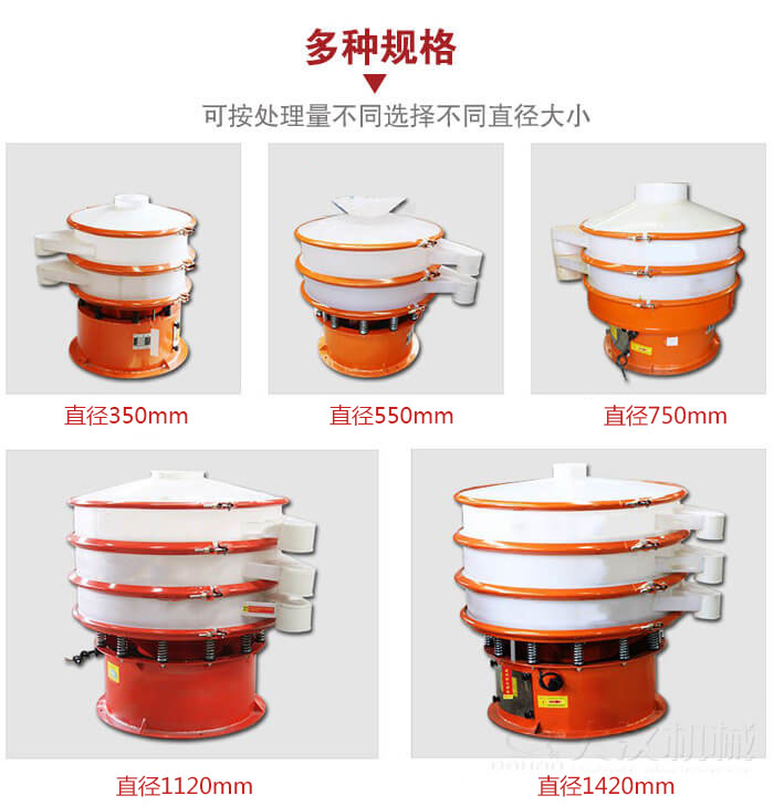 塑料振動篩不同篩分直徑進行展示：350，550，750，1120，1420等。