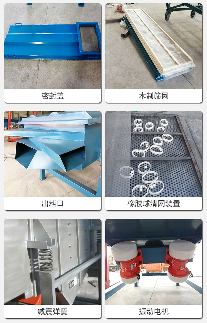 直線篩結(jié)構(gòu)展示：篩網(wǎng)，篩箱，振動(dòng)電機(jī)，振動(dòng)電機(jī)座，減震彈簧，支架等部件展示圖