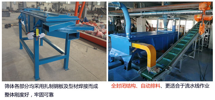 直線篩分機篩體各部分均采用扎制鋼板及型材焊接而成整體剛度好，牢固可靠；全封閉結(jié)構(gòu)、自動排料、更適合于流水線作業(yè)。