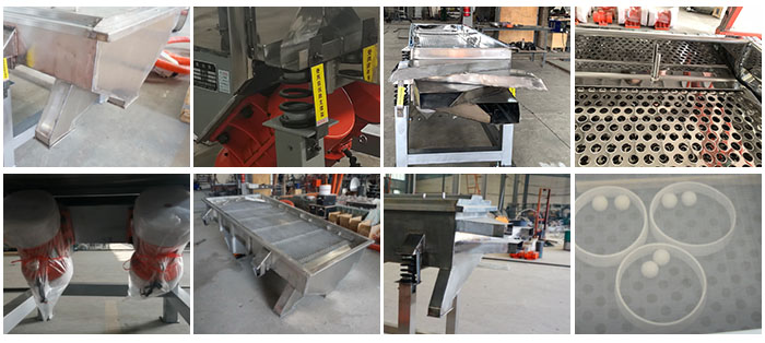 不銹鋼直線篩不同定制出料口，電機(jī)，篩網(wǎng)，篩箱，彈跳球等部件細(xì)節(jié)展示