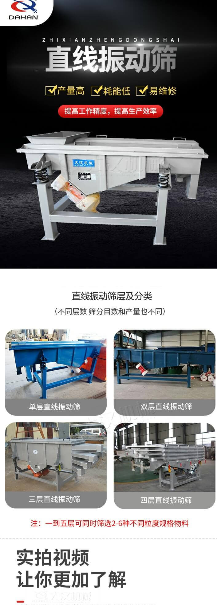 直線振動(dòng)篩概述，產(chǎn)量高，耗能低，易維修，提高工作精度，提高生產(chǎn)效率，直線振動(dòng)篩層級(jí)分類：不同層數(shù)，篩分目數(shù)和產(chǎn)量也不同：?jiǎn)螌?，雙層，三層，四層等。