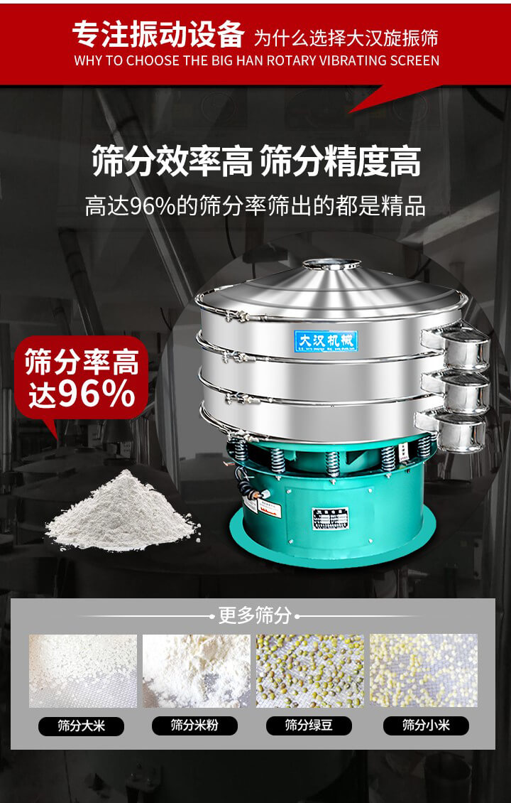 旋振篩結構：進料口，網(wǎng)架，防塵蓋，出料口，加重塊，束環(huán)，上部重錘，彈簧，下部重錘等。