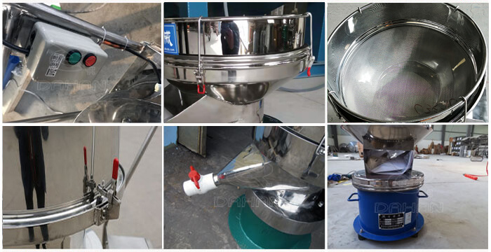 過濾篩細(xì)節(jié)展示：控制開關(guān)，篩框，出料口閥門，底座等